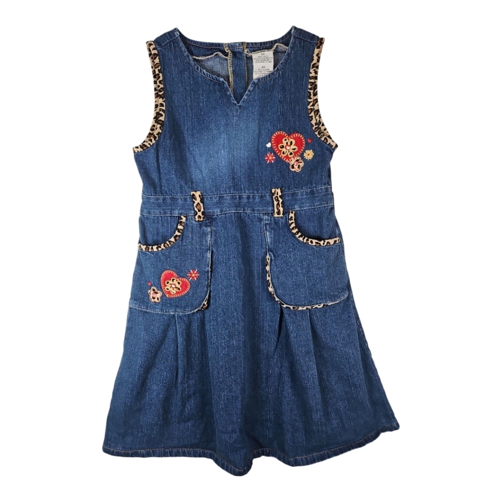 Youngland Vintage Denim Leopard Trim Heart Applique Dress Size 6X